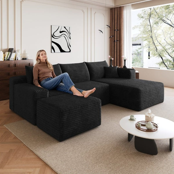 English Elm 95 Inch U Shaped Sectional Sofa Deep Cloud Seat Corduroy Upholstered Modern Lounge W2824S00331