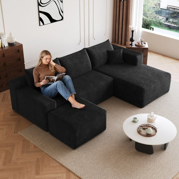 English Elm 95 Inch U Shaped Sectional Sofa Deep Cloud Seat Corduroy Upholstered Modern Lounge W2824S00331
