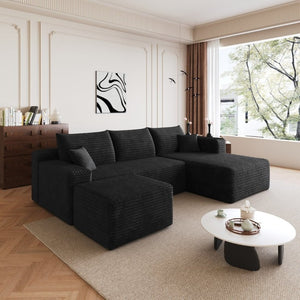 English Elm 95 Inch U Shaped Sectional Sofa Deep Cloud Seat Corduroy Upholstered Modern Lounge W2824S00331