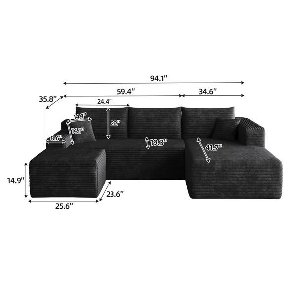 English Elm 95 Inch U Shaped Sectional Sofa Deep Cloud Seat Corduroy Upholstered Modern Lounge W2824S00331