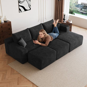 English Elm 95 Inch Cloud Sectional in Black Corduroy U Shaped Lounge Sofa with Two Ottomans W2824S00332