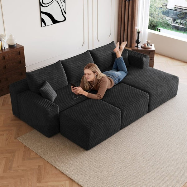 English Elm 95 Inch Cloud Sectional in Black Corduroy U Shaped Lounge Sofa with Two Ottomans W2824S00332
