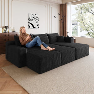 English Elm 95 Inch Cloud Sectional in Black Corduroy U Shaped Lounge Sofa with Two Ottomans W2824S00332