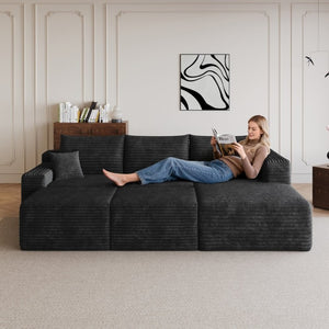 English Elm 95 Inch Cloud Sectional in Black Corduroy U Shaped Lounge Sofa with Two Ottomans W2824S00332