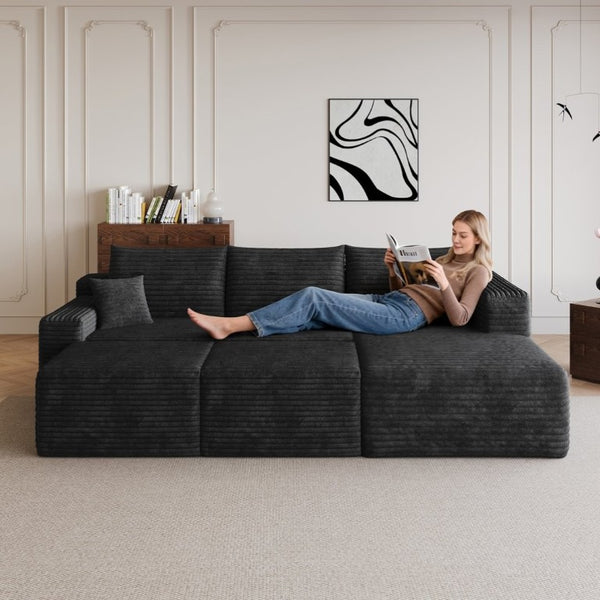 English Elm 95 Inch Cloud Sectional in Black Corduroy U Shaped Lounge Sofa with Two Ottomans W2824S00332