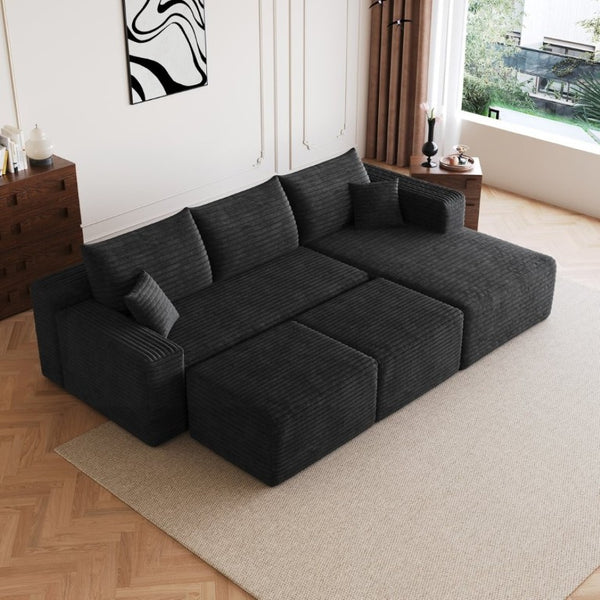 English Elm 95 Inch Cloud Sectional in Black Corduroy U Shaped Lounge Sofa with Two Ottomans W2824S00332