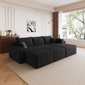 English Elm 95 Inch Cloud Sectional in Black Corduroy U Shaped Lounge Sofa with Two Ottomans W2824S00332