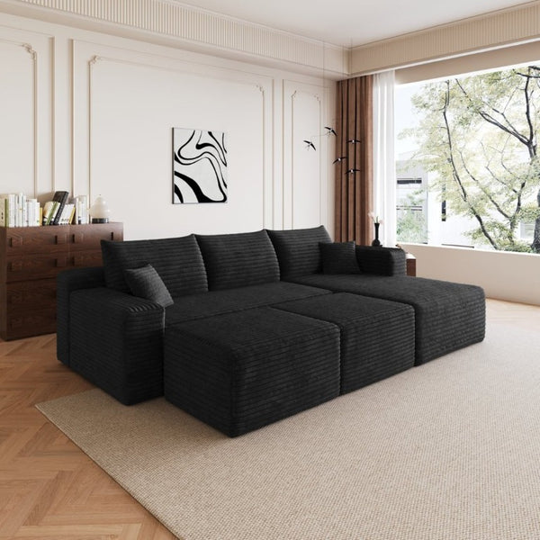 English Elm 95 Inch Cloud Sectional in Black Corduroy U Shaped Lounge Sofa with Two Ottomans W2824S00332