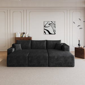 English Elm 95 Inch Cloud Sectional in Black Corduroy U Shaped Lounge Sofa with Two Ottomans W2824S00332