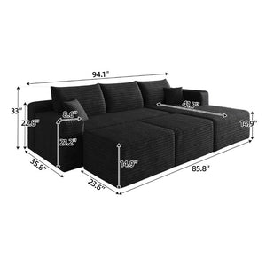 English Elm 95 Inch Cloud Sectional in Black Corduroy U Shaped Lounge Sofa with Two Ottomans W2824S00332