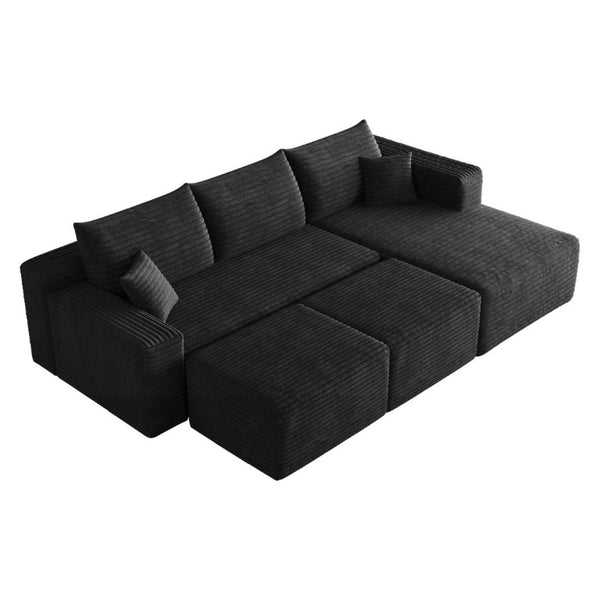 English Elm 95 Inch Cloud Sectional in Black Corduroy U Shaped Lounge Sofa with Two Ottomans W2824S00332