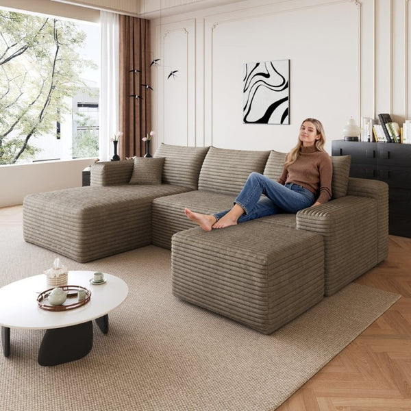English Elm 95 Inch Corduroy U Shaped Sectional Sofa with Ottoman Deep Seat Living Room Couch W2824S00333