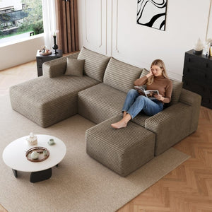 English Elm 95 Inch Corduroy U Shaped Sectional Sofa with Ottoman Deep Seat Living Room Couch W2824S00333
