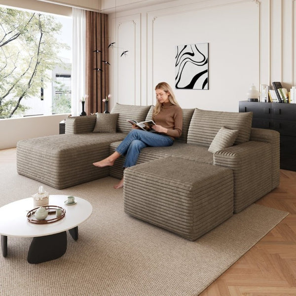 English Elm 95 Inch Corduroy U Shaped Sectional Sofa with Ottoman Deep Seat Living Room Couch W2824S00333