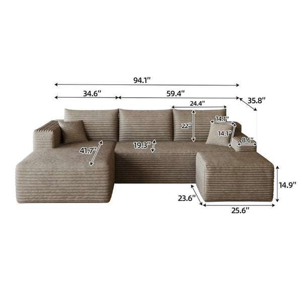 English Elm 95 Inch Corduroy U Shaped Sectional Sofa with Ottoman Deep Seat Living Room Couch W2824S00333