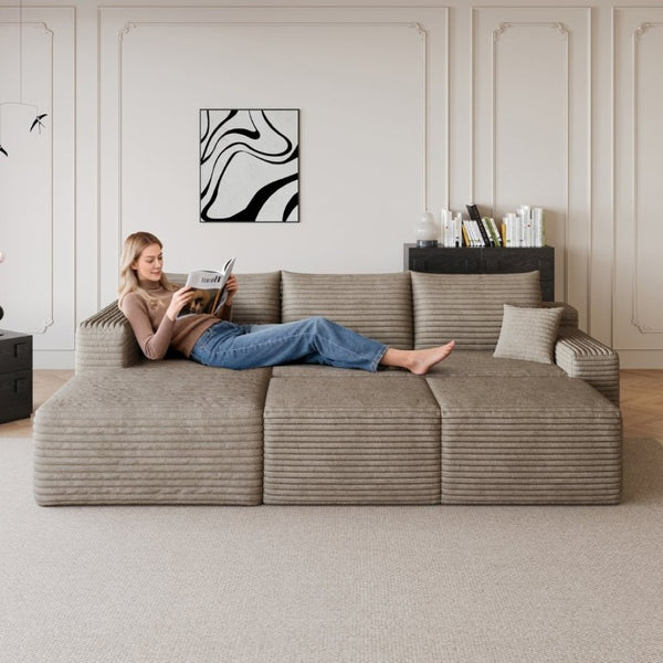 English Elm 95 Inch U Shaped Sectional Sofa with Ottomans Plush Corduroy Deep Seat Modern Lounge W2824S00334