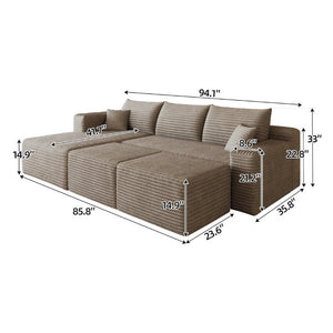 English Elm 95 Inch U Shaped Sectional Sofa with Ottomans Plush Corduroy Deep Seat Modern Lounge W2824S00334