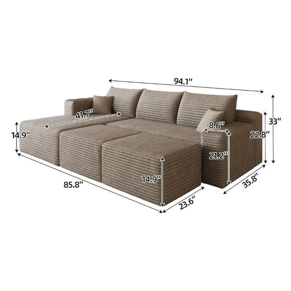 English Elm 95 Inch U Shaped Sectional Sofa with Ottomans Plush Corduroy Deep Seat Modern Lounge W2824S00334