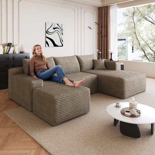 English Elm 95 Inch U Shaped Corduroy Sectional Sofa with Ottoman Deep Seat Living Room Couch W2824S00335
