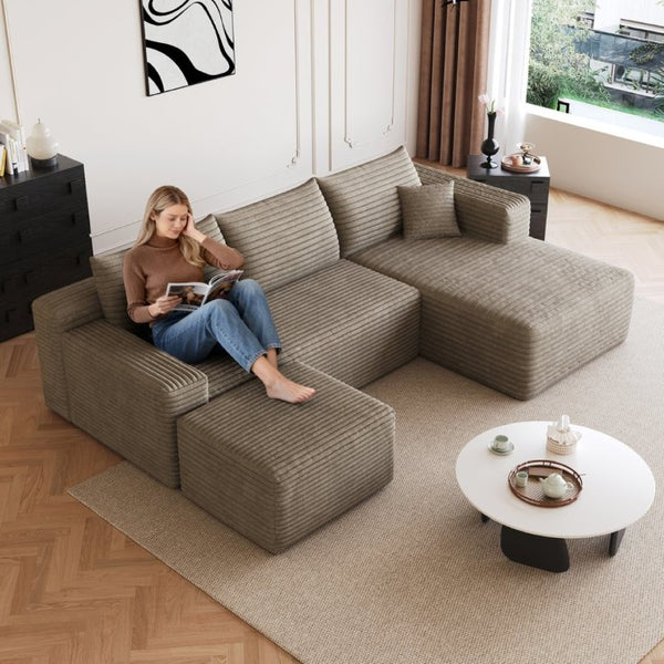 English Elm 95 Inch U Shaped Corduroy Sectional Sofa with Ottoman Deep Seat Living Room Couch W2824S00335