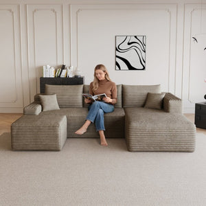 English Elm 95 Inch U Shaped Corduroy Sectional Sofa with Ottoman Deep Seat Living Room Couch W2824S00335