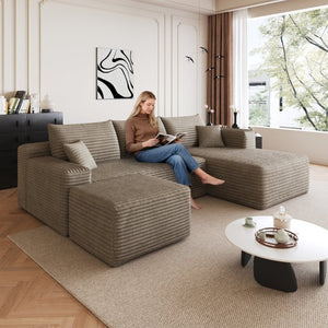 English Elm 95 Inch U Shaped Corduroy Sectional Sofa with Ottoman Deep Seat Living Room Couch W2824S00335