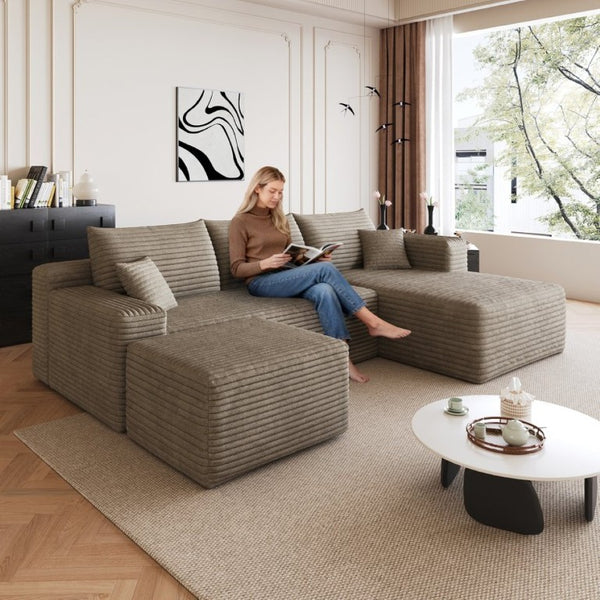 English Elm 95 Inch U Shaped Corduroy Sectional Sofa with Ottoman Deep Seat Living Room Couch W2824S00335