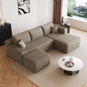 English Elm 95 Inch U Shaped Corduroy Sectional Sofa with Ottoman Deep Seat Living Room Couch W2824S00335