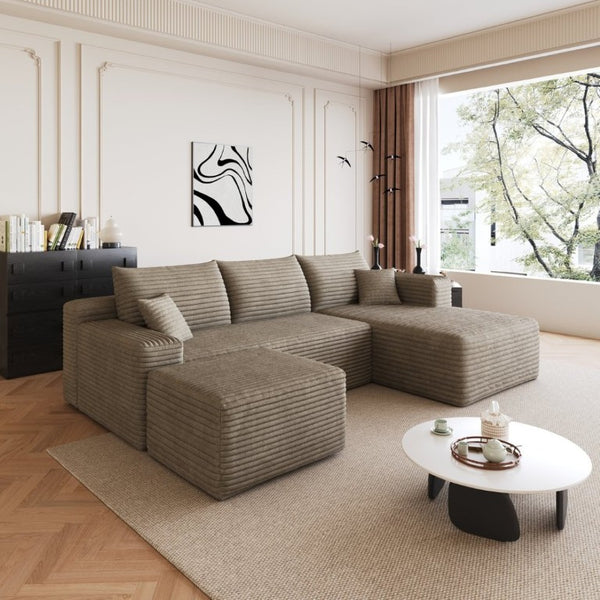 English Elm 95 Inch U Shaped Corduroy Sectional Sofa with Ottoman Deep Seat Living Room Couch W2824S00335