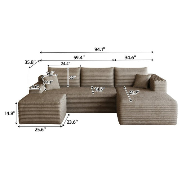 English Elm 95 Inch U Shaped Corduroy Sectional Sofa with Ottoman Deep Seat Living Room Couch W2824S00335