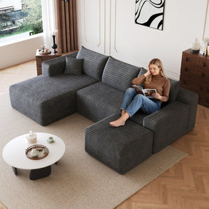 English Elm 95 Inch U Shaped Sectional Sofa with Ottoman Corduroy Deep Seat Modern Living Room W2824S00337
