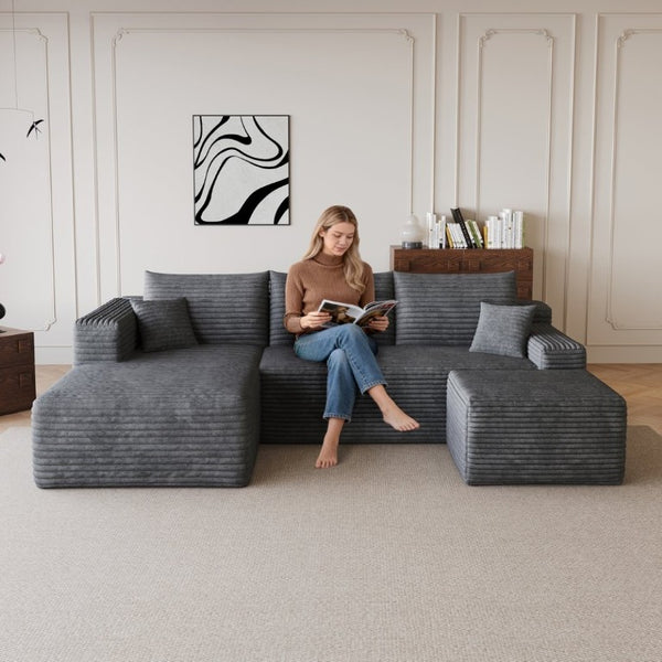 English Elm 95 Inch U Shaped Sectional Sofa with Ottoman Corduroy Deep Seat Modern Living Room W2824S00337
