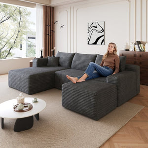 English Elm 95 Inch U Shaped Sectional Sofa with Ottoman Corduroy Deep Seat Modern Living Room W2824S00337
