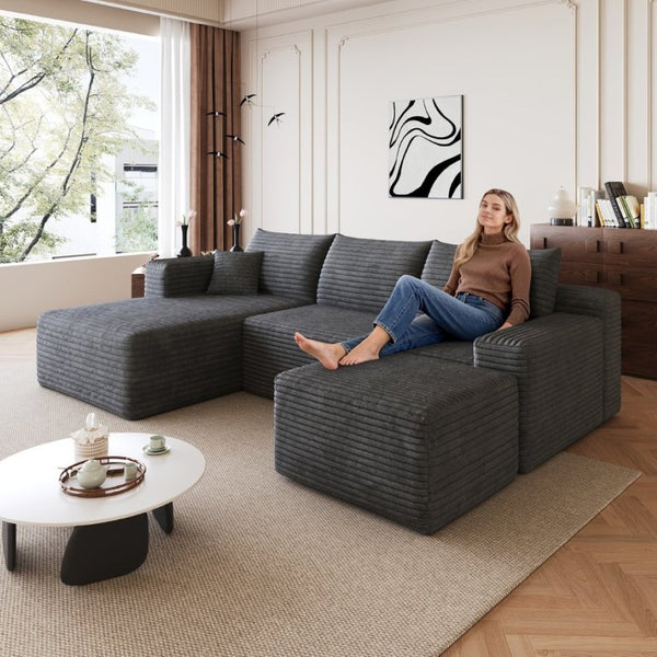 English Elm 95 Inch U Shaped Sectional Sofa with Ottoman Corduroy Deep Seat Modern Living Room W2824S00337