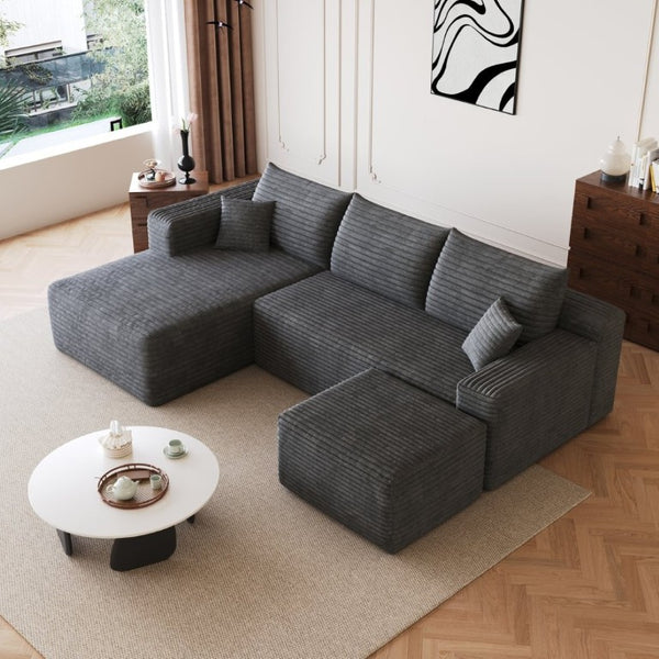 English Elm 95 Inch U Shaped Sectional Sofa with Ottoman Corduroy Deep Seat Modern Living Room W2824S00337