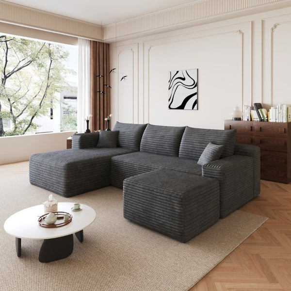 English Elm 95 Inch U Shaped Sectional Sofa with Ottoman Corduroy Deep Seat Modern Living Room W2824S00337