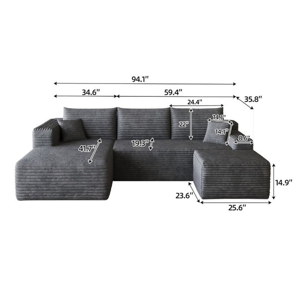 English Elm 95 Inch U Shaped Sectional Sofa with Ottoman Corduroy Deep Seat Modern Living Room W2824S00337