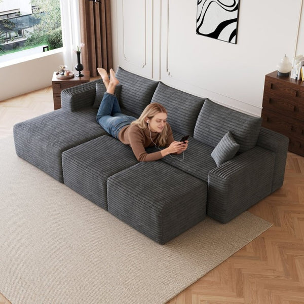 English Elm 95 Inch Cloud Sectional in Plush Corduroy with Two Ottomans for Spacious Living Rooms W2824S00338