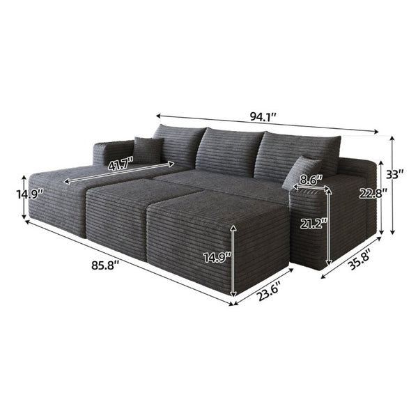 English Elm 95 Inch Cloud Sectional in Plush Corduroy with Two Ottomans for Spacious Living Rooms W2824S00338