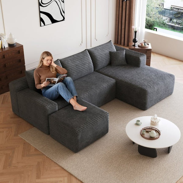 English Elm 95 Inch Cloud Sectional with Ottoman Corduroy Upholstered U Shape Living Room Couch W2824S00339