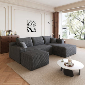 English Elm 95 Inch Cloud Sectional with Ottoman Corduroy Upholstered U Shape Living Room Couch W2824S00339