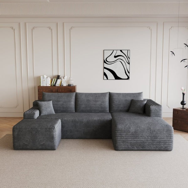 English Elm 95 Inch Cloud Sectional with Ottoman Corduroy Upholstered U Shape Living Room Couch W2824S00339