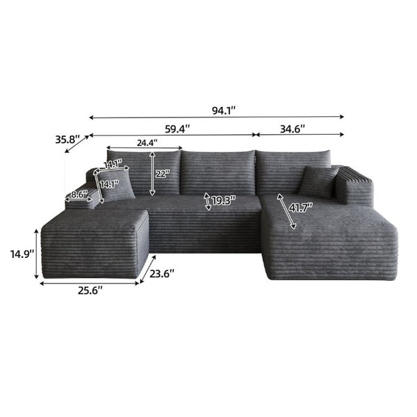 English Elm 95 Inch Cloud Sectional with Ottoman Corduroy Upholstered U Shape Living Room Couch W2824S00339