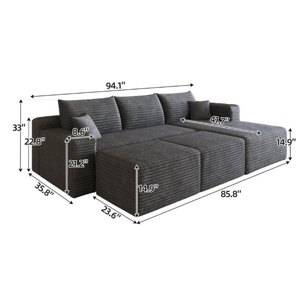English Elm 95 Inch U Shaped Cloud Sectional Corduroy Sofa with Ottomans for Spacious Living Rooms W2824S00340