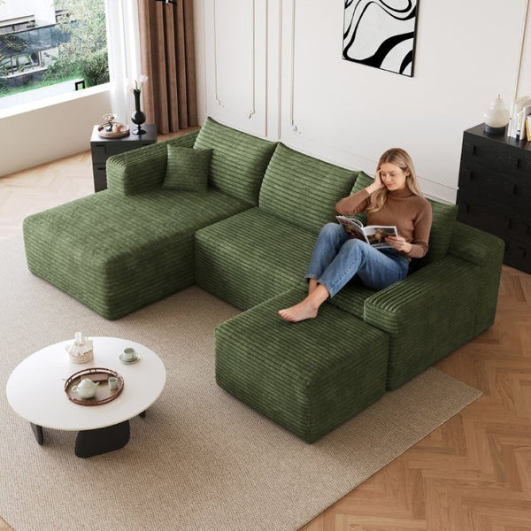 English Elm 95 Inch U Shaped Sectional Sofa with Ottoman Plush Corduroy Deep Seat Living Room W2824S00341