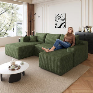 English Elm 95 Inch U Shaped Sectional Sofa with Ottoman Plush Corduroy Deep Seat Living Room W2824S00341