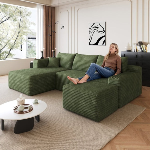 English Elm 95 Inch U Shaped Sectional Sofa with Ottoman Plush Corduroy Deep Seat Living Room W2824S00341
