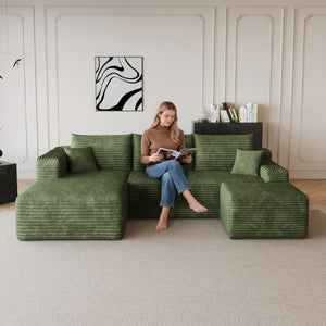 English Elm 95 Inch U Shaped Sectional Sofa with Ottoman Plush Corduroy Deep Seat Living Room W2824S00341