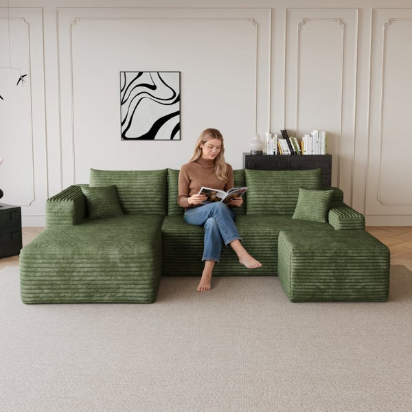 English Elm 95 Inch U Shaped Sectional Sofa with Ottoman Plush Corduroy Deep Seat Living Room W2824S00341