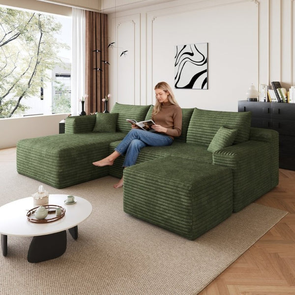 English Elm 95 Inch U Shaped Sectional Sofa with Ottoman Plush Corduroy Deep Seat Living Room W2824S00341